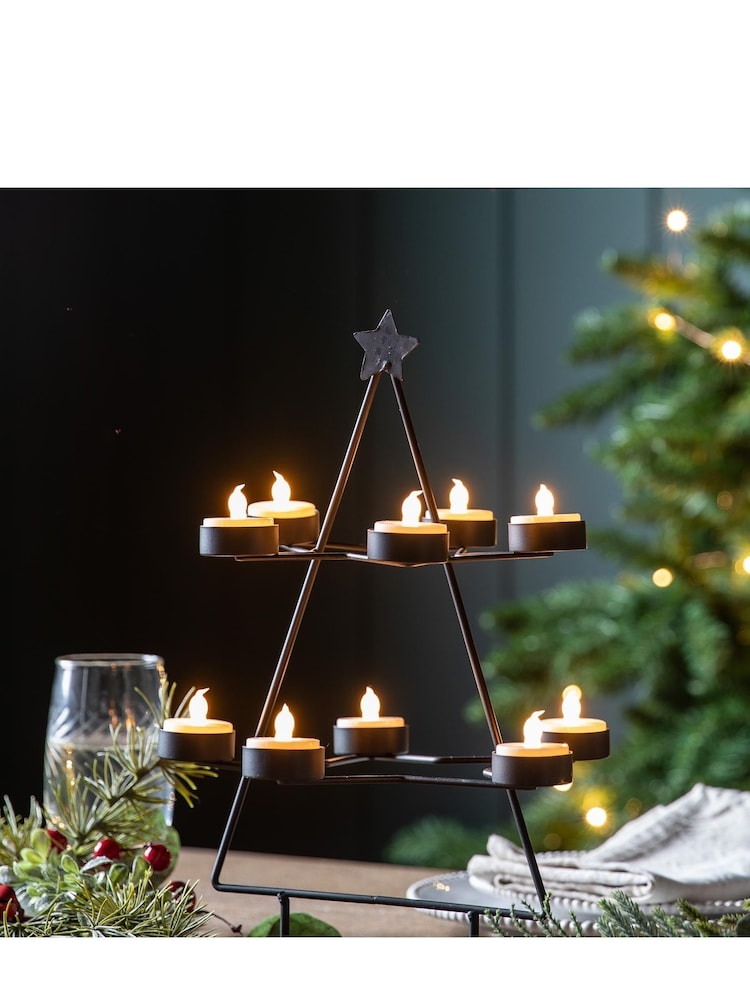 Gallery Home Black Xmas Tree Black Tealight Holder x10 - Image 1 of 3