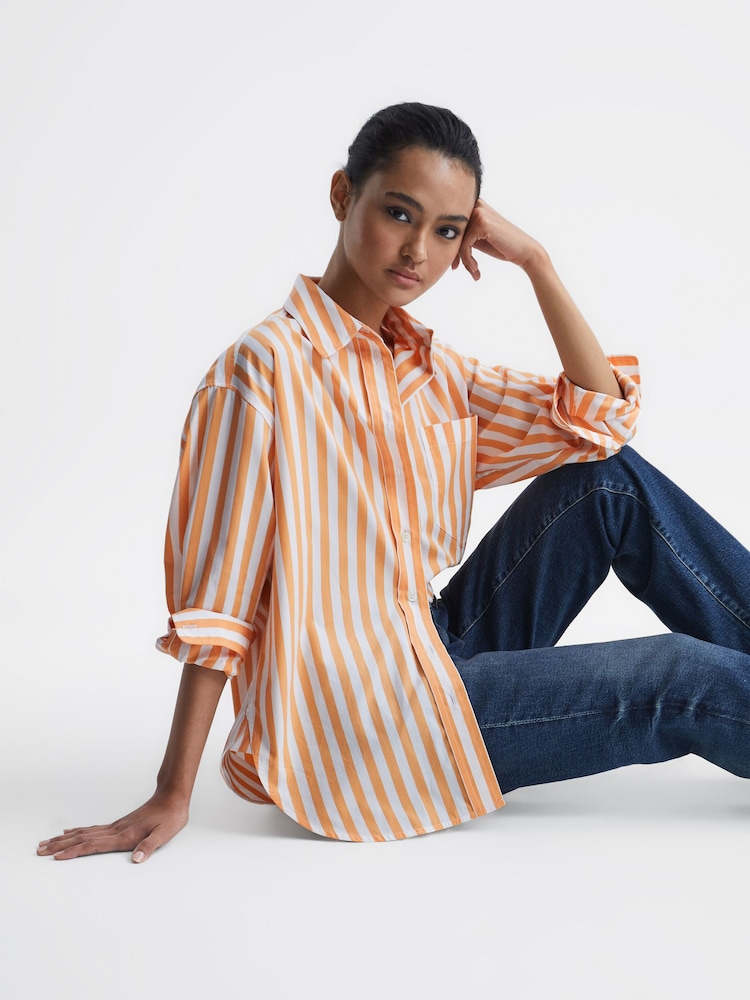 Reiss Orange/White Emma Relaxed Fit Striped Cotton Shirt - Image 1 of 7