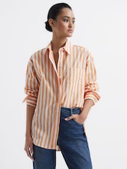 Reiss Orange/White Emma Relaxed Fit Striped Cotton Shirt - Image 6 of 7