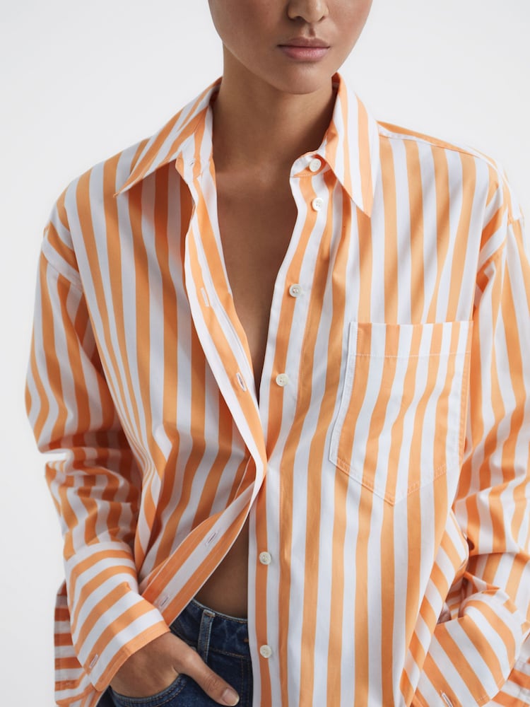 Reiss Orange/White Emma Relaxed Fit Striped Cotton Shirt - Image 7 of 7