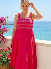Roman Pink Curve Strappy Shirred Midi Dress - Image 3 of 4