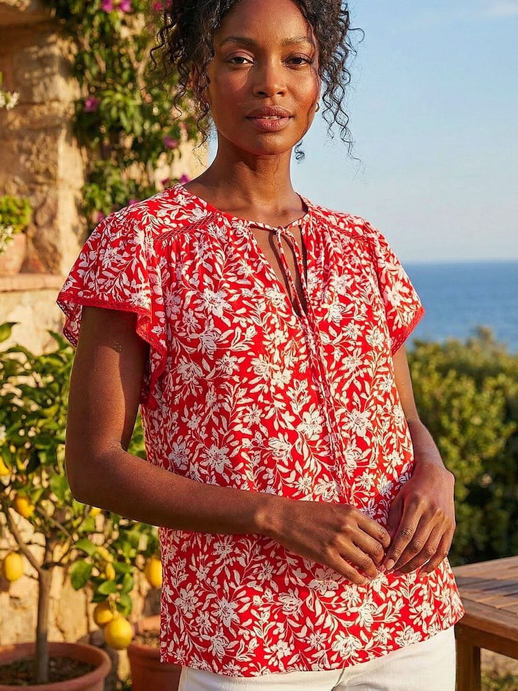 Roman Red Floral Print Frill Sleeve Tie Top - Image 1 of 4