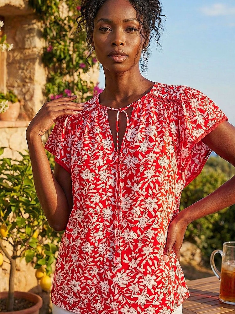 Roman Red Floral Print Frill Sleeve Tie Top - Image 2 of 4