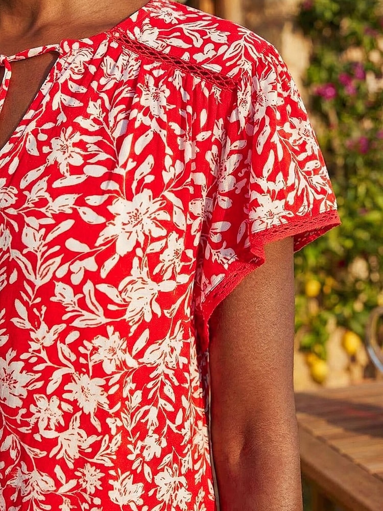 Roman Red Floral Print Frill Sleeve Tie Top - Image 4 of 4