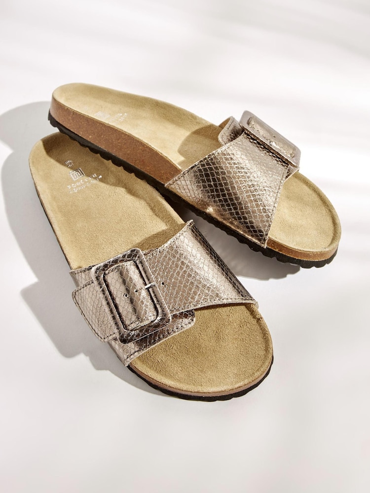 Pewter Silver Forever Comfort® Leather Single Strap Footbed Sandals - Image 1 of 5