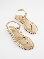 Gold Pearl Detail Toe Post Flat Sandals - Image 3 of 6