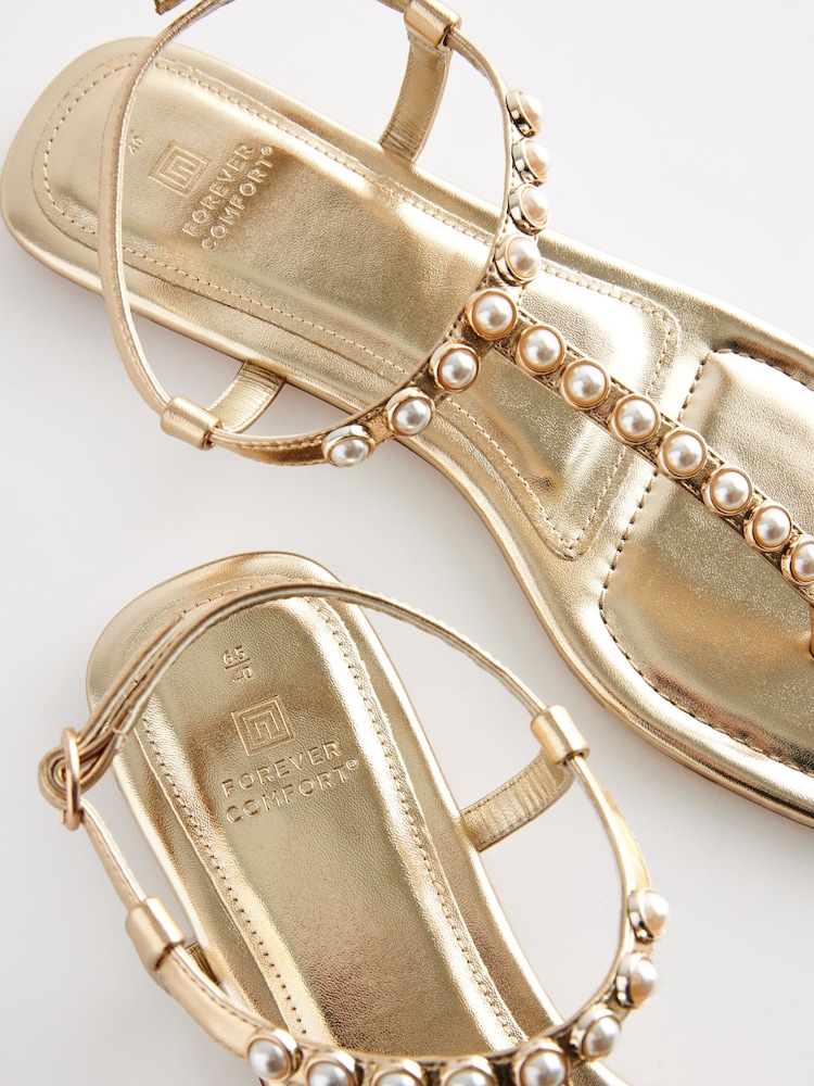 Gold Pearl Detail Toe Post Flat Sandals - Image 6 of 6