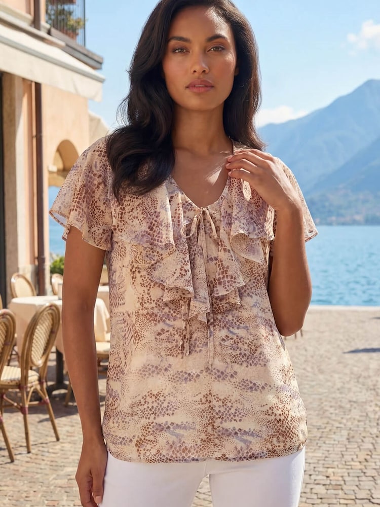 Roman Natural Snake Print Frill Neck Top - Image 1 of 4