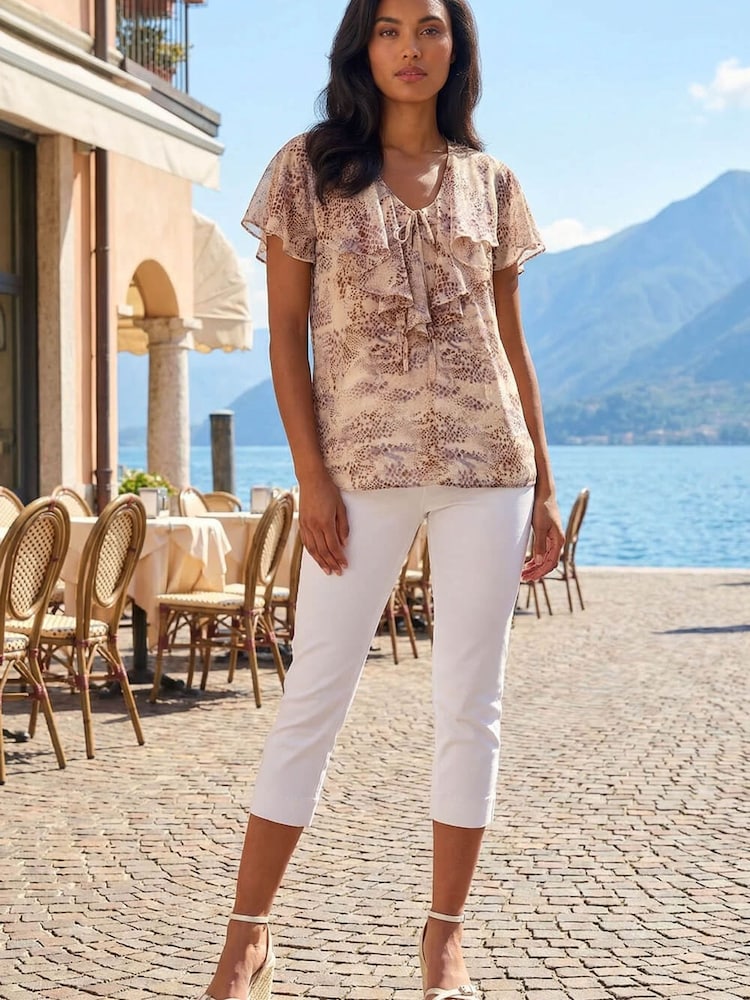 Roman Natural Snake Print Frill Neck Top - Image 2 of 4