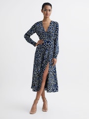 Reiss Navy/Blue Greta Long Sleeve Printed Midi Dress - Image 1 of 7