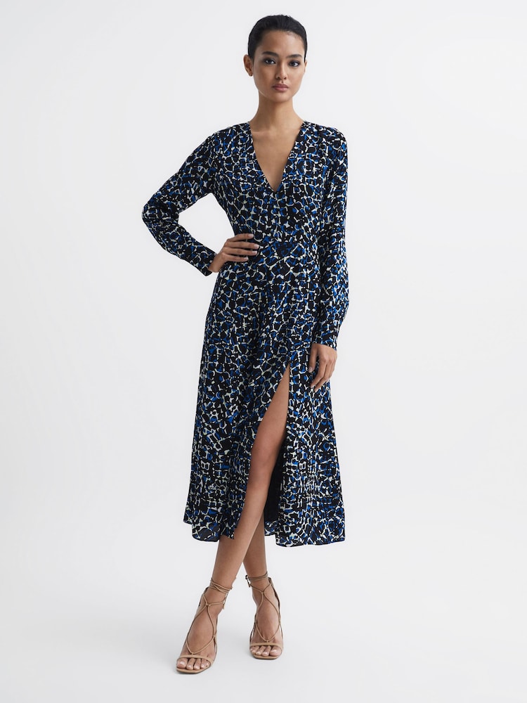 Reiss Navy/Blue Greta Long Sleeve Printed Midi Dress - Image 1 of 7