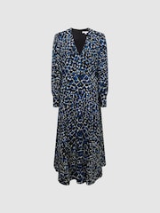Reiss Navy/Blue Greta Long Sleeve Printed Midi Dress - Image 2 of 7