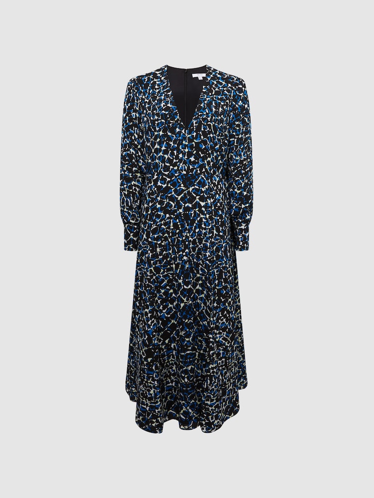 Reiss Navy/Blue Greta Long Sleeve Printed Midi Dress - Image 2 of 7
