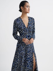 Reiss Navy/Blue Greta Long Sleeve Printed Midi Dress - Image 3 of 7