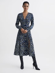 Reiss Navy/Blue Greta Long Sleeve Printed Midi Dress - Image 6 of 7