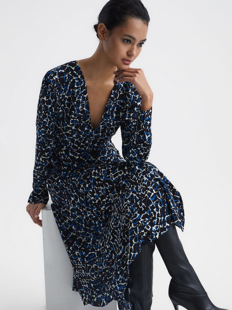 Reiss Navy/Blue Greta Long Sleeve Printed Midi Dress - Image 7 of 7