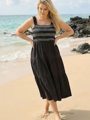 Roman Black Curve Strappy Shirred Midi Dress - Image 1 of 4
