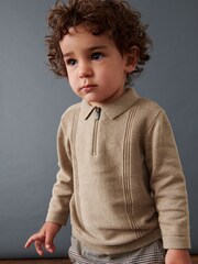 Neutral Long Sleeve Zip Neck Textured Polo Shirt (3mths-7yrs) - Image 1 of 6