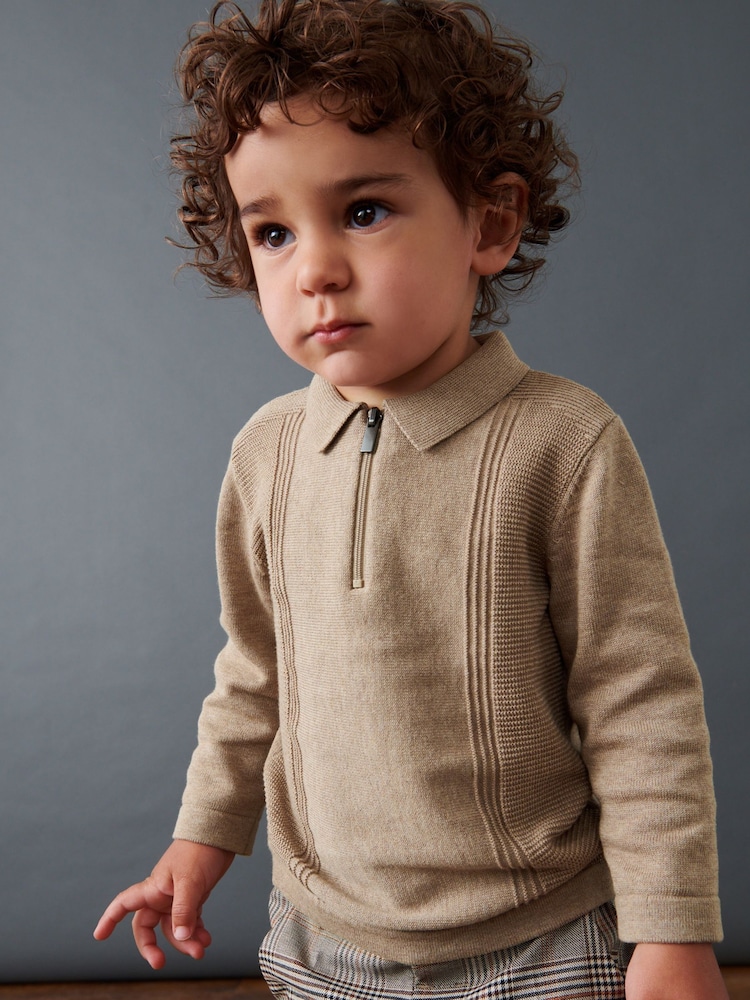Neutral Long Sleeve Zip Neck Textured Polo Shirt (3mths-7yrs) - Image 1 of 6