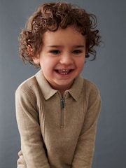 Neutral Long Sleeve Zip Neck Textured Polo Shirt (3mths-7yrs) - Image 4 of 6