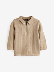 Neutral Long Sleeve Zip Neck Textured Polo Shirt (3mths-7yrs) - Image 5 of 6