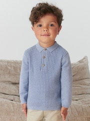 Blue Cable Knit Smart Long Sleeve Polo Shirt (3mths-7yrs) - Image 1 of 5