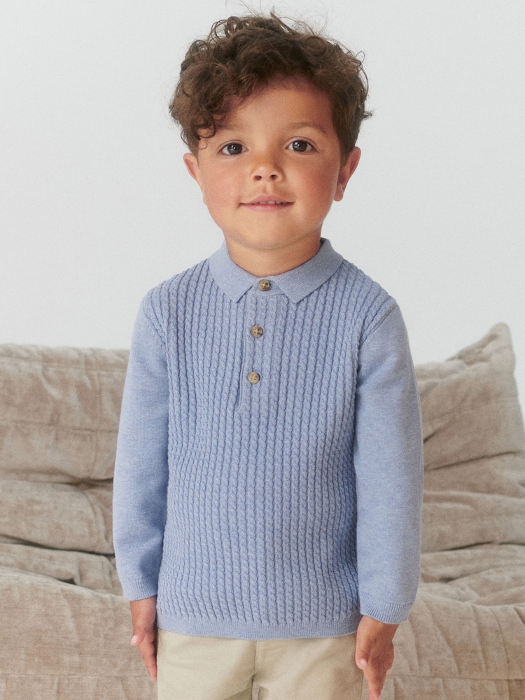 Blue Cable Knit Smart Long Sleeve Polo Shirt (3mths-7yrs) - Image 1 of 5