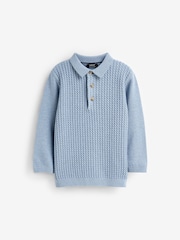 Blue Cable Knit Smart Long Sleeve Polo Shirt (3mths-7yrs) - Image 4 of 5