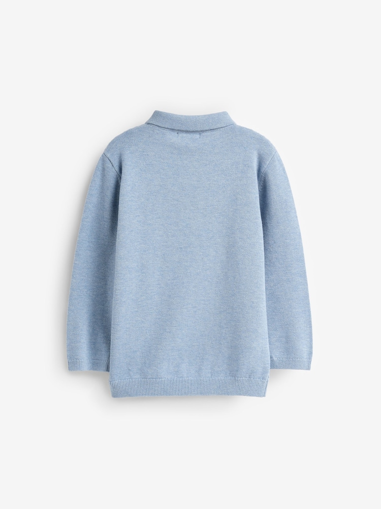 Blue Cable Knit Smart Long Sleeve Polo Shirt (3mths-7yrs) - Image 5 of 5