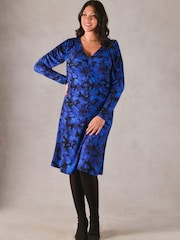 Live Unlimited Blue Curve Smudge Print V-Neck Prawn Sleeve Jersey Swing Dress - Image 1 of 7