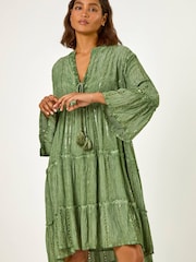 Roman Green Shimmer Tie Detail Smock Dress - Image 1 of 4