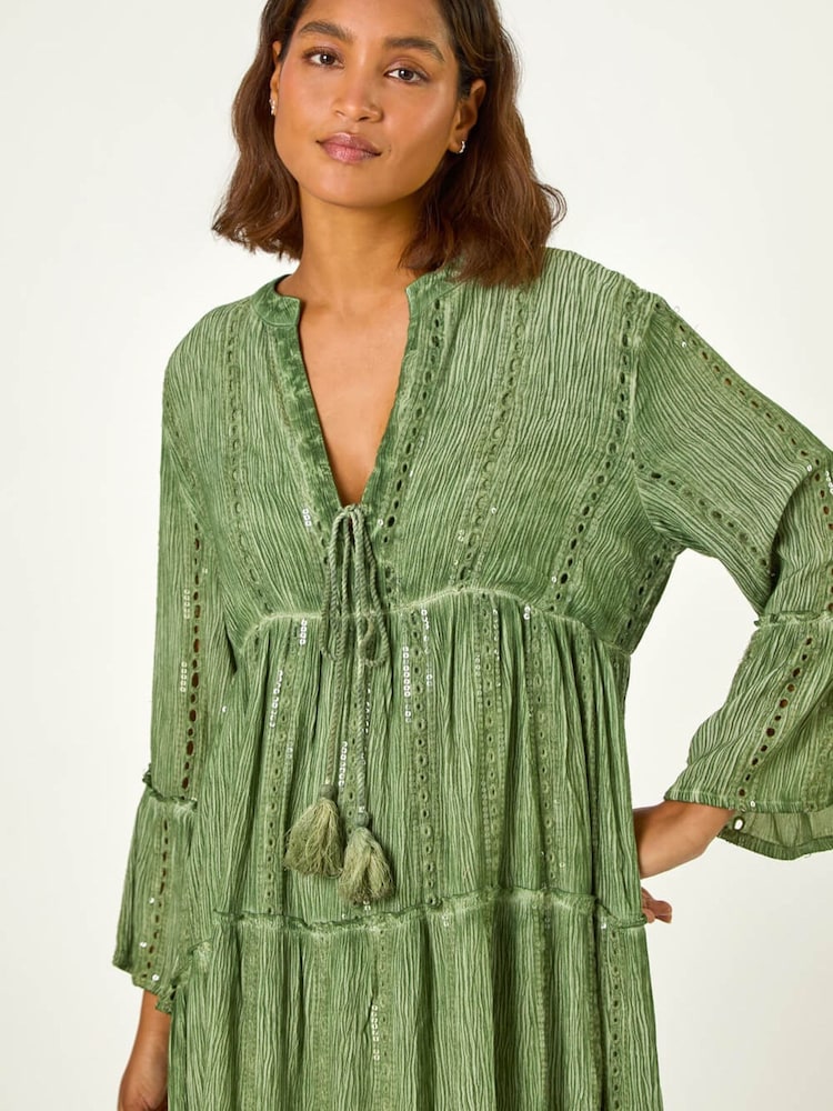 Roman Green Shimmer Tie Detail Smock Dress - Image 2 of 4