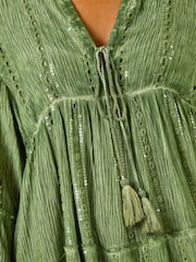 Roman Green Shimmer Tie Detail Smock Dress - Image 4 of 4