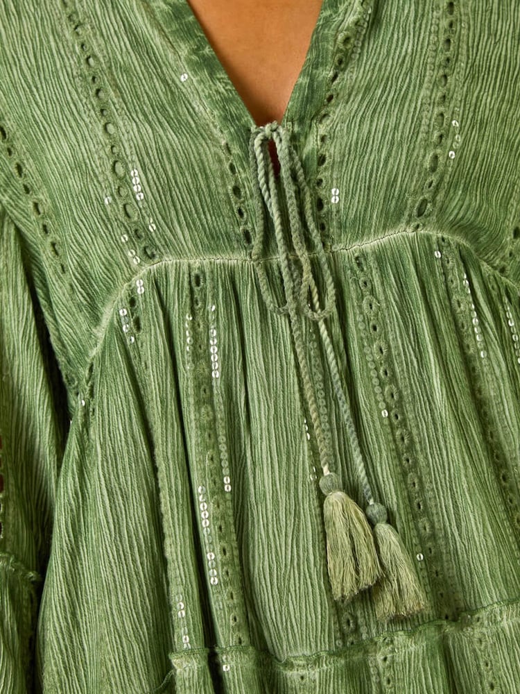 Roman Green Shimmer Tie Detail Smock Dress - Image 4 of 4