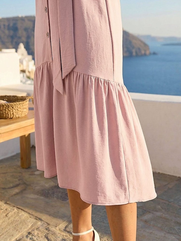 Roman Pink V-Neck Buttoned Tie Waist Midi Dress - Image 4 of 4
