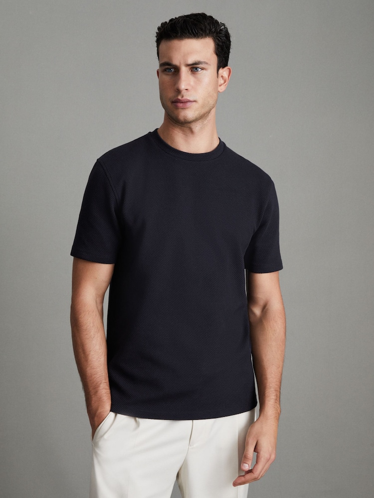 Reiss Navy Cooper Slim Fit Honeycomb T-Shirt - Image 1 of 7