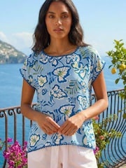 Roman Blue Leaf Print Bobble Trim T-Shirt - Image 3 of 4