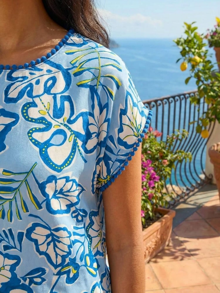 Roman Blue Leaf Print Bobble Trim T-Shirt - Image 4 of 4