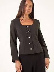 Roman Black Petite Scoop Neck Buttoned Jacket - Image 2 of 5