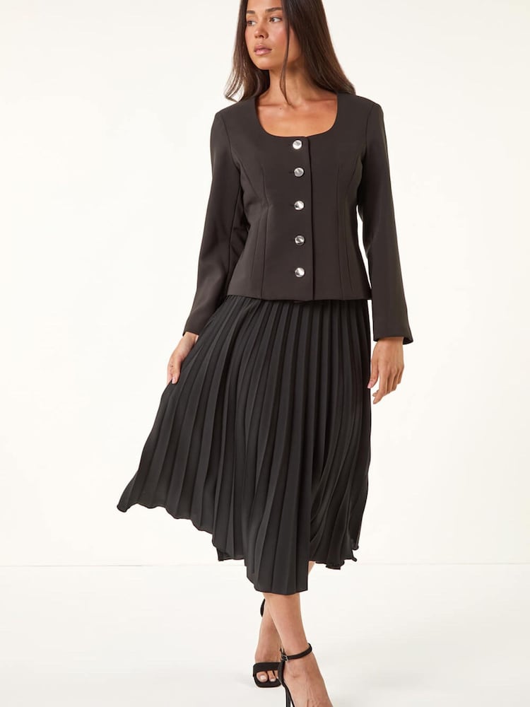 Roman Black Petite Scoop Neck Buttoned Jacket - Image 2 of 5