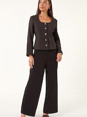 Roman Black Petite Scoop Neck Buttoned Jacket - Image 3 of 5
