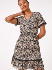Roman Natural Animal Print Embroidered Short Dress - Image 1 of 5