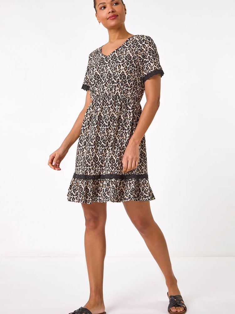 Roman Natural Animal Print Embroidered Short Dress - Image 2 of 5