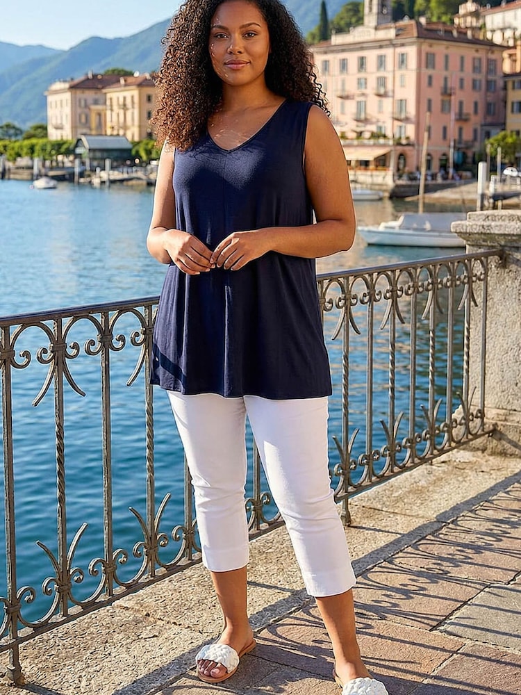 Roman Blue Curve Plain V-Neck Vest Top - Image 1 of 4 Roman Blue Curve Plain V-Neck Vest Top - Image 1 of 4
