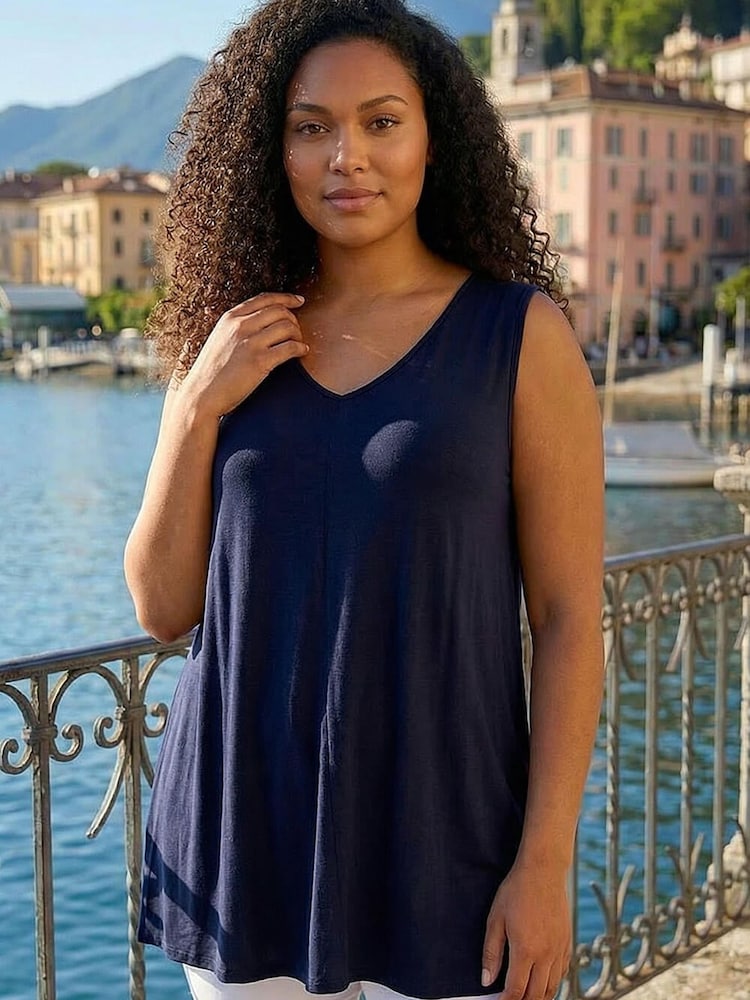 Roman Blue Curve Plain V-Neck Vest Top - Image 2 of 4 Roman Blue Curve Plain V-Neck Vest Top - Image 2 of 4
