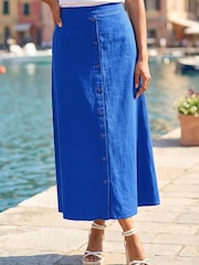 Roman Blue Linen Button Pencil Midi Skirt - Image 2 of 4
