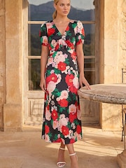 Roman Red Puff Sleeve Floral Satin Midi Dress - Image 1 of 4