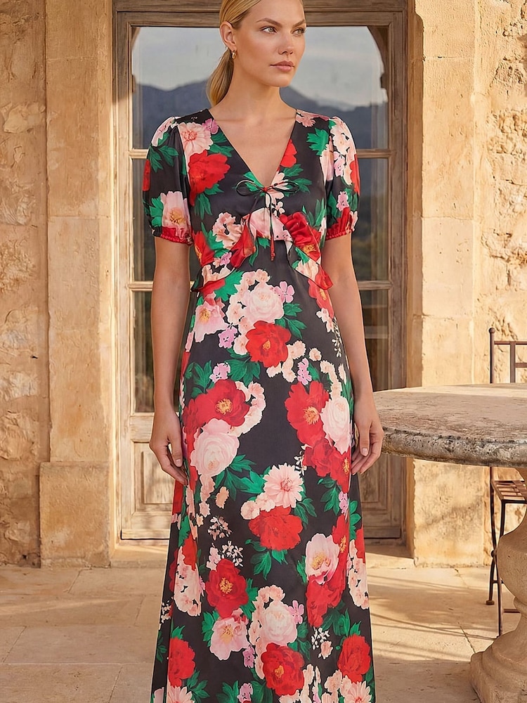 Roman Red Puff Sleeve Floral Satin Midi Dress - Image 2 of 4