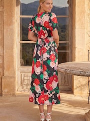 Roman Red Puff Sleeve Floral Satin Midi Dress - Image 3 of 4