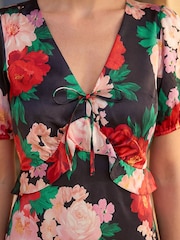 Roman Red Puff Sleeve Floral Satin Midi Dress - Image 4 of 4